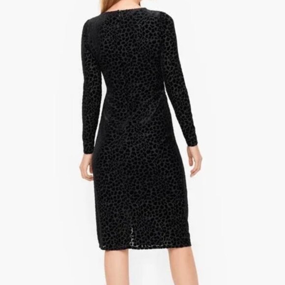 Talbots Black Burnout Velvet Faux Wrap Dress Cheetah Jacquard V-Neck Sz L Sheath - Picture 2 of 16